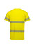 A bright yellow men's tee shirt with segmented reflective tape across the chest and back. It has a logo on the front.