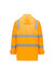 A waterproof, unisex hi-vis jacket in bright orange with reflective stripes and a hood. Features a logo.