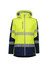 A high visibility women's softshell jacket in bright yellow and navy, featuring reflective stripes and a hood.