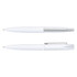 A collection of two white metal pens with silver accents and a branding logo.