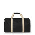 A black duffle bag with light beige handles and a logo, featuring a zip closure and a spacious design.