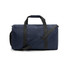 A navy duffle bag with black straps and a shoulder strap, featuring a logo on the side.