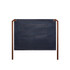 Denim half apron in dark blue with a large pocket and brown ties, featuring a logo.