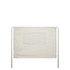 A plain linen half apron in a light beige colour with a front pocket and ties. Features a logo.
