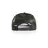 A black trucker cap with a mesh back and adjustable snap closure. The interior features a plain design.