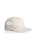 A beige trucker cap with a mesh back and a rounded brim. It features a logo on the front.