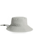 A light grey nylon wide brim bucket hat with a drawstring and a logo on the side.