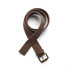 A brown cotton webbing belt with a gold buckle and adjustable holes. The belt is laid flat in a coiled position.