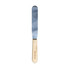 A stainless steel palette knife with a wooden handle, featuring a logo on the handle.