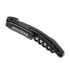 A black corkscrew bottle opener with a sleek design and a branding logo.