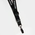 A black lanyard with a clip, featuring a branding label and an adjustable plastic buckle.