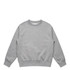A grey jumper with a round neckline and ribbed cuffs and hem, featuring a branding logo.