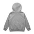 A grey hoodie with a hood, featuring long sleeves and a simple back design. It includes a branding logo.