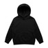 A black youth hoodie featuring a kangaroo pocket and a large hood, with a simple design and no visible branding.