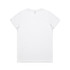 A plain white T-shirt with a crew neck and short sleeves, featuring a logo on the back.