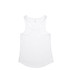 A white racerback singlet with a rounded hem and a logo. Simple and versatile design.