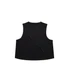 A black crop tank top with a sleeveless design and a round neckline, featuring a branding logo.