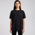 A black oversized t-shirt featuring short sleeves, designed for a relaxed fit. It has a logo at the neckline.