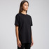 A black t-shirt with a loose fit, featuring short sleeves and a crew neckline. The shirt has a simple design.
