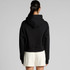 A black crop hoodie with a snug fit and a large hood, featuring a branding logo on the back.