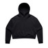 A cropped black hoodie with a hood, featuring a minimalistic design and fitted cuffs. Includes a logo.