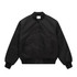 A black varsity bomber jacket featuring a button-down front and ribbed cuffs and hem. It has a logo on the chest.