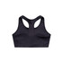 A black sports crop top with a racerback design and stitching details, featuring a logo on the back.