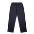 Cuffless track pants in dark navy with an elastic waistband and a back pocket, featuring a logo.