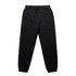 Black track pants with an elastic waistband and cuffs, featuring a logo. 