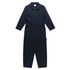 A pair of navy blue canvas coveralls featuring a collar, zip front, and a pocket. The garment has a logo.
