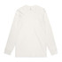 A long-sleeve organic T-shirt in white, featuring a logo on the neckline.