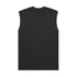 A black, sleeveless tank top with a simple design and a logo on the label.
