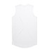 A white sleeveless tank top with a curved hem, featuring a branding logo on the back.