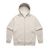 A beige zip-up hoodie featuring a front pocket and a hood, with a logo on the chest area.