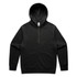A black half-zip hoodie featuring a front pocket and a hood. It has a logo on the label.