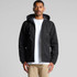 A man wearing a black canvas heavy hooded jacket with zip and front pockets. The jacket has a hood and a grey lining.