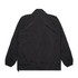 A black jacket with elastic cuffs and a collar, featuring a logo on the back.