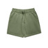 Faded green track shorts with an elastic waistband and drawstring, featuring two side pockets.