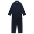 A navy canvas coverall featuring long sleeves, a front zip, and a single zip pocket, with a brand logo present.
