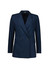 A navy blue double-breasted longline jacket with two front pockets and a sleek design. It features a branding logo.