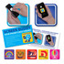 A cleaning cloth with a blue character design, featuring a logo, alongside promotional materials for "Screen Buddy".