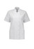 A short-sleeved white jacket with a mandarin collar, featuring buttons and two front pockets. It has a logo on it.