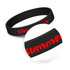 A black silicone wristband with red embossed text. The band features a simple, smooth design.