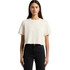 A cropped, short-sleeve t-shirt in a light cream colour, displayed on a model wearing black jeans. The shirt features a logo.