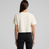 A cream crop t-shirt viewed from the back, featuring short sleeves and a simple design. It has a logo on the back.
