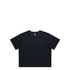 A black cropped t-shirt with a crew neck and short sleeves. It features a logo on the front.