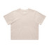 A cropped t-shirt in a light beige colour, featuring a simple design and short sleeves. It has a logo.