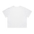 A white classic crop tee featuring a simple design and short sleeves, with a logo on the back.