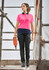 A women's hi-vis short sleeve polo in pink and navy, featuring a collar and a branded logo.