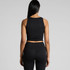 A black active crop tank top displayed from the back, featuring a fitted design and a logo.